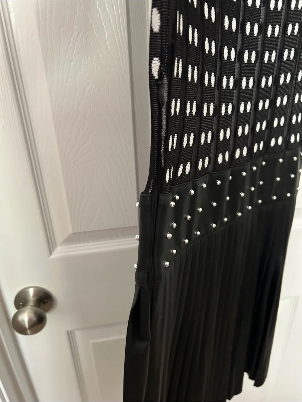 Karen Millen Shear Knit Black and White Polka Dot Pleated Leather Midi Dress